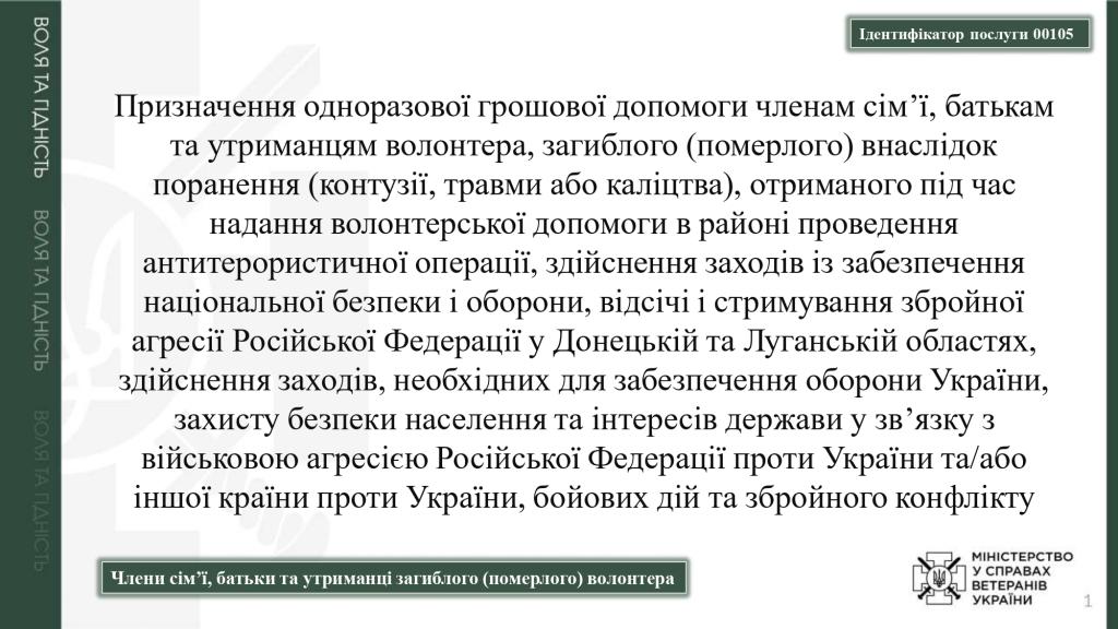 Призначення одноразової грошової допомоги членам сім'ї, батькам та утриманцям волонтера загиблого (померлого) у разі загибелі (смерті) волонтера внаслідок поранення (контузії, травми або каліцтва)